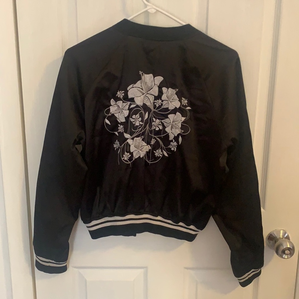 Satin Bomber Jacket Embroidered Floral Size S